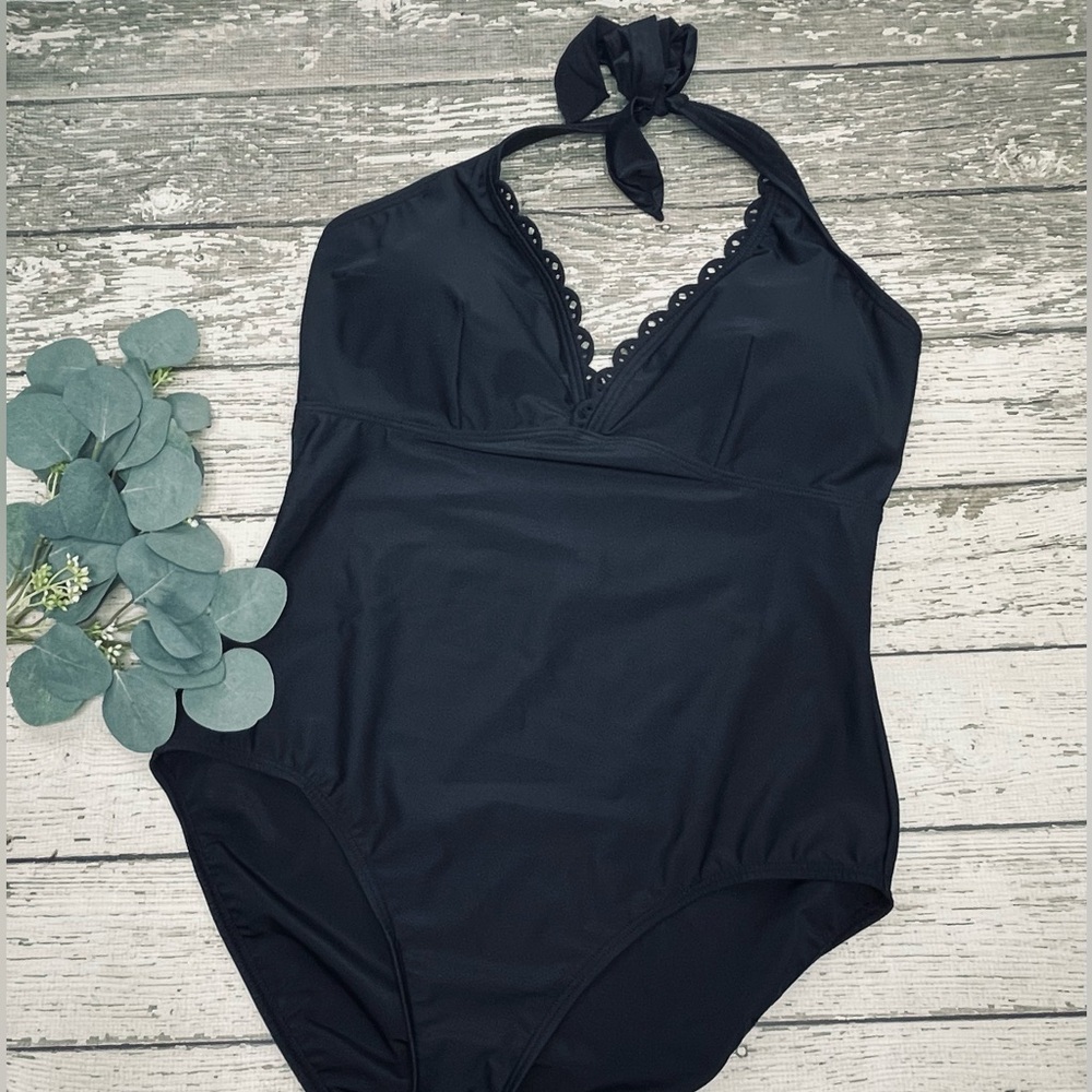 FantaSizer Scallop Trim Halter One Piece Swimsuit